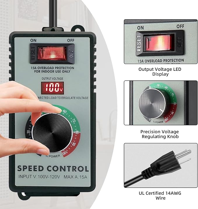 AC Motor Speed Controller 120V 15A, Variable Fan Speed Controller with LED Digital Display, Electronic Voltage Regulator for Electric Motors, Adjustable Speed Control with Overload Protection