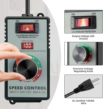 AC Motor Speed Controller 120V 15A, Variable Fan Speed Controller with LED Digital Display, Electronic Voltage Regulator for Electric Motors, Adjustable Speed Control with Overload Protection