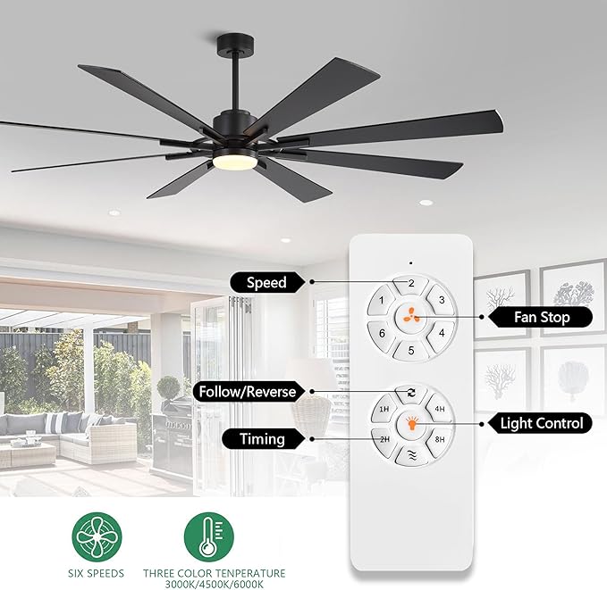 WINGBO 80" DC Ceiling Fan with Lights and 3 Downrods, Matte Black Ceiling Fan, 8 Plywood Blades, 6-Speed Reversible DC Motor, Large Ceiling Fans for Kitchen Bedroom Living Room