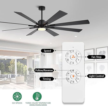 WINGBO 80" DC Ceiling Fan with Lights and 3 Downrods, Matte Black Ceiling Fan, 8 Plywood Blades, 6-Speed Reversible DC Motor, Large Ceiling Fans for Kitchen Bedroom Living Room