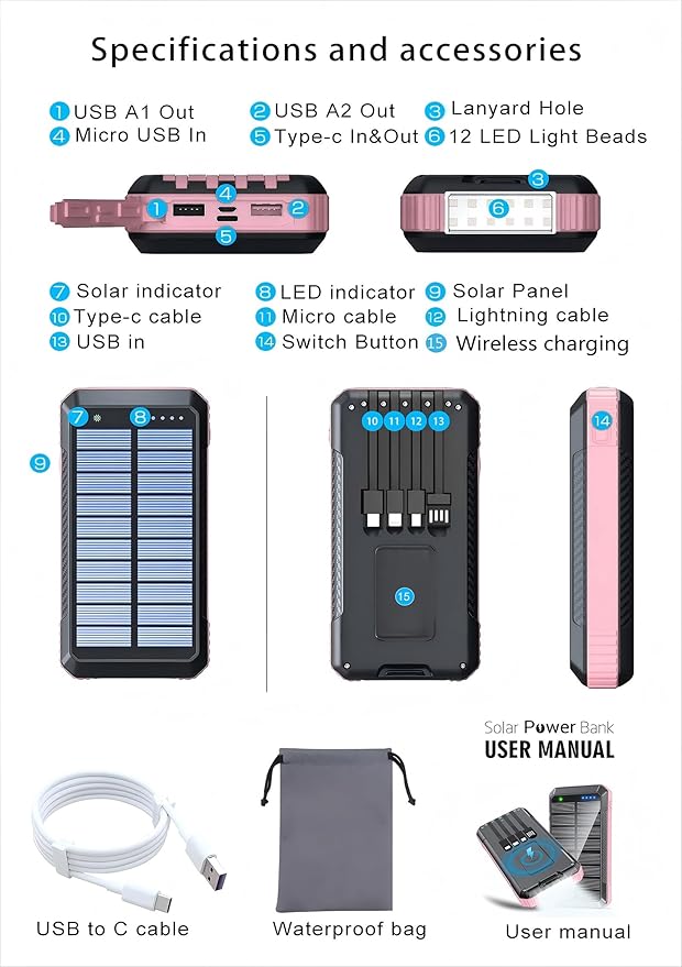 Solar Charger Power Bank 49800mAh, Portable Phone Wireless Charging Built-in 4 Cables 22.5W Fast Charging,Type-C Input/Output Port Solar Panel Charger with Flashlights&Compass for Camping（Pink