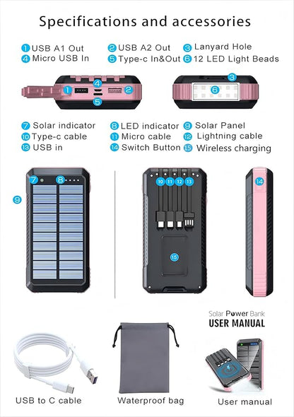 Solar Charger Power Bank 49800mAh, Portable Phone Wireless Charging Built-in 4 Cables 22.5W Fast Charging,Type-C Input/Output Port Solar Panel Charger with Flashlights&Compass for Camping（Pink
