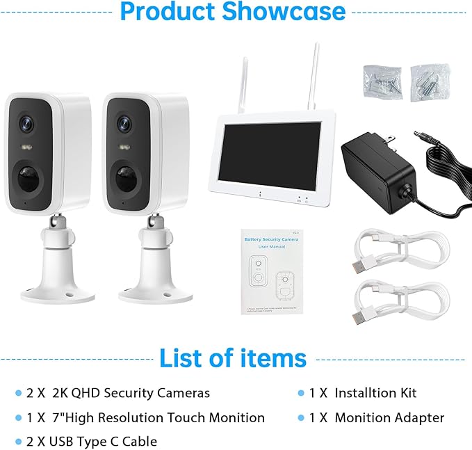 Wireless Security Camera System with 7" Touchscreen Monitor & 2PCS 4MP Security Cameras,Indoor Outdoor Camera 2-Way Audio,Color Night Vision,Motion Detection