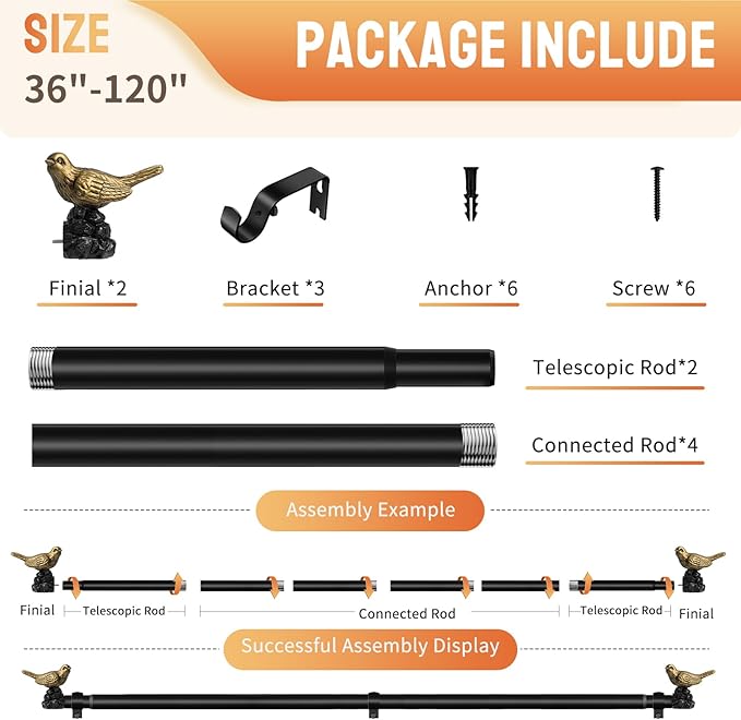 Decorative Black Curtain Rod 36 to 120 Inches Adjustable Drapery Rod with Bird Finials Heavy Duty Curtain Rods for Windows Living Room Kitchen
