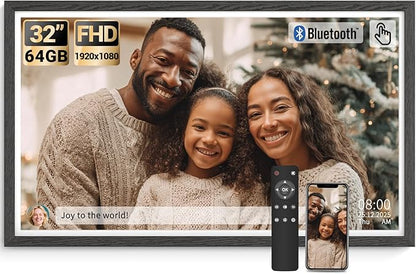 BSIMB 32 Inch Large Digital Picture Frame, Touchscreen 64GB 1920x1080 FHD WiFi Photo Frame Electronic Display Remote Control, Share Pictures/Videos via App/USB/SD Easy Setup Gifts for Mom, Black Wood