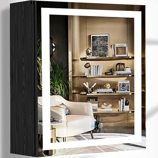 24 x 32 Inch Black Wood Led Medicine Cabinet Mirror with Lights Storage Wooden Cabinets Smart Memory 3 Color Dimmable AntiFog 32" Bathroom Lighted Medicine Cabinet with Mirror and LED Light