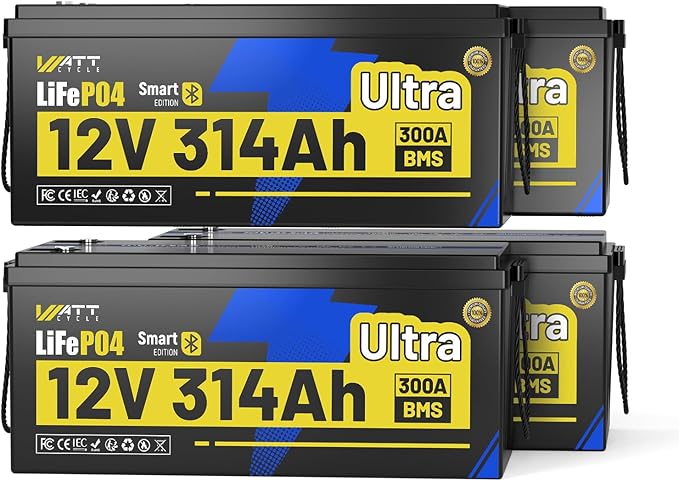 WattCycle 12V 314Ah LiFePO₄ Battery 4 Pack, Lithium Battery 12V 300A BMS, Lithium RV Batteries Built-in Bluetooth, IP65 Marine Batteries, Perfect for Home Energy Storage, RV, Marine, Solar, Off-Grid