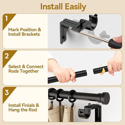 Yafex Curtain Rod 2 Pack 32-144 Inch, Heavy Duty 1 Inch Curtain Rod, Black Extra Long Adjustable Window Treatment Rods, Modern Design, Easy Installation