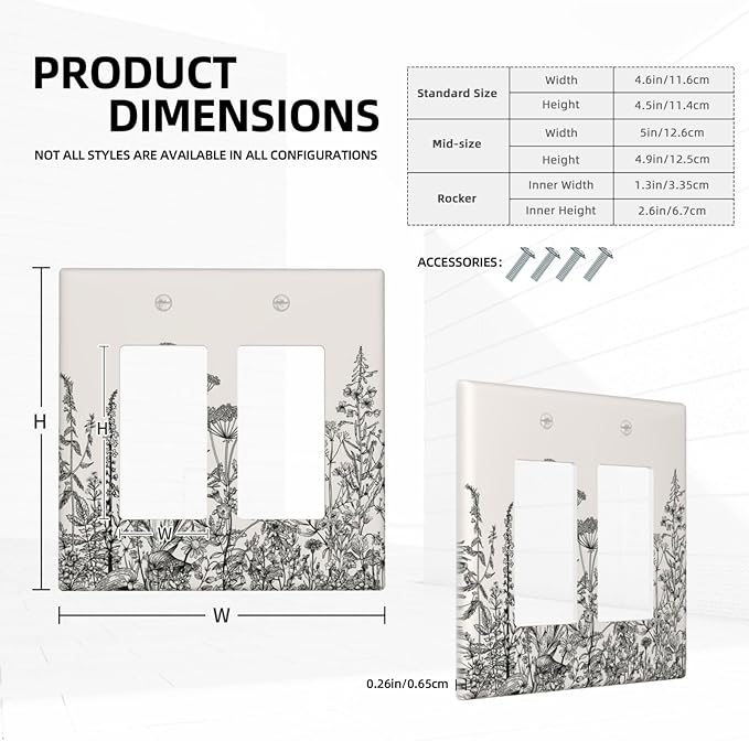 Decorative Outlet Covers Beige Skech Plant Leaves Flowers 2 Gang Wall Plate Double Rocker Two Switch Wall Cover Plate Light Switch Cover Plate Faceplate for Country Bedroom Home Decor