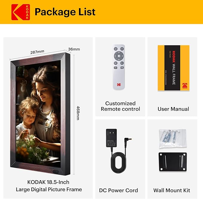 KODAK 18.5 Inch Wooden WiFi Digital Picture Frame,1920 * 1080 X-Large Digital Photo Frame,32GB Memory,IPS Screen, Wall-Mounted with Remote, Share Picture Video, Work with Alexa,Best Gifts for Mom