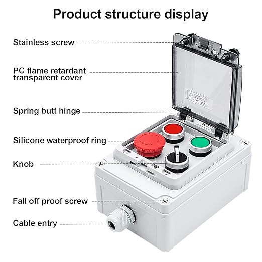 IP67 Button Switch Outdoor Waterproof Box 4 Push Button Red Green Self-Resetting Emergency Stop Button Rotary Button with Protective Cover(AC/DC 6A-110V/3A-240V/2.5A-380V)