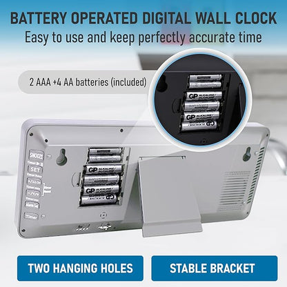TXL Atomic Clock with Backlight, 14.2" Digital Wall Clock, Battery Operated, Large Display with Day, Date & Temperature, Bedroom, Living Room, Office