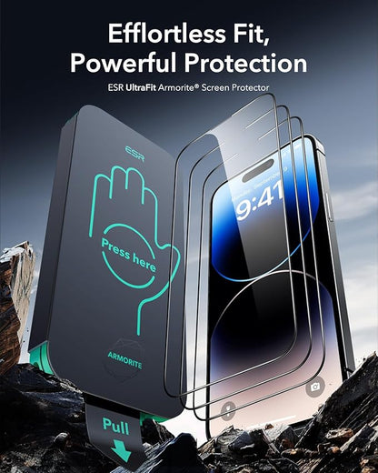 ESR 3 Pack 9H+ Glass for iPhone 14 Pro Max Screen Protector, [Military Grade Shatterproof & Longest Durable] Armorite Ultra-tough Full Coverage Tempered Glass with UltraFit Tray