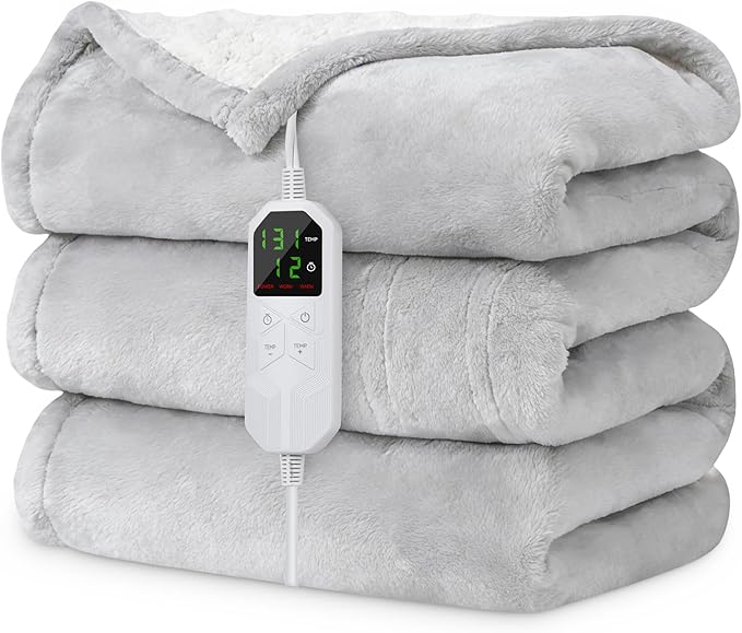 Electric Heated Blanket Twin 62" x 84", Soft Plush Flannel & Sherpa Electric Blanket with 8 Heat Settings, 1-12H Auto-Off, Fast & Even Heating, Machine Washable, Ideal for Home & Office, Light Gray
