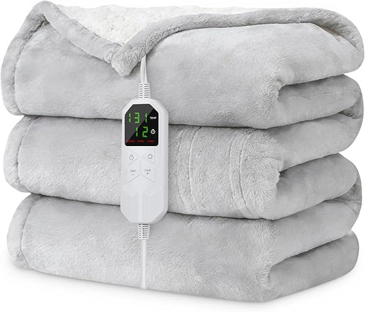 Electric Heated Blanket Twin 62" x 84", Soft Plush Flannel & Sherpa Electric Blanket with 8 Heat Settings, 1-12H Auto-Off, Fast & Even Heating, Machine Washable, Ideal for Home & Office, Light Gray