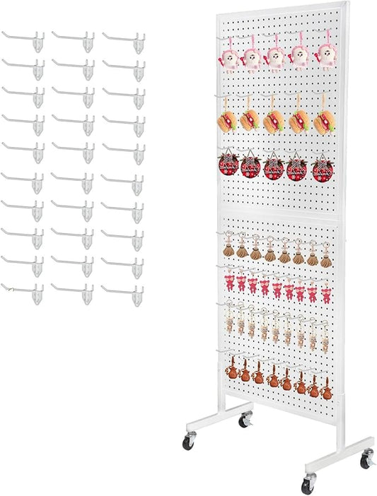 Eastern Tree Metal Pegboard Display Stand 2'x 5' with 30 Hooks, Pegboard Panels Display with Wheels, Peg Board Display Rack, Standing Pegboard Display- White