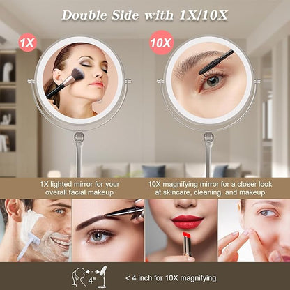 9" Large Lighted Makeup Mirror with 1X/10X Magnification, 4000mAh Rechargeable Vanity Mirror with Height Adjustable & 3 Color Dimmable Lights, 360°Swivel Double Sided Tabletop Cosmetic Mirror