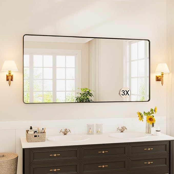 72X36 Inch Black Metal Framed Bathroom Mirror for Wall, Rounded Rectangle Mirror, Matte Black Bathroom Vanity Mirror, Environmentally Friendly Resin Mirror, Anti-Rust