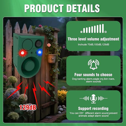 ChunHee Solar Outdoor Motion Sensor Alarm with Dog Barking Alarm Sound, Support Recording and Adjustable Volume, 129db Loud Noise Maker 4 Work Modes Strobe Light for Home, Villa, Farm, Barn (4pack)