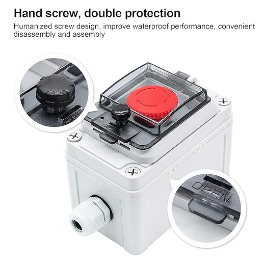 IP67 Button Switch Outdoor Waterproof Box Red Button Emergency Stop with Protective Cover Anti-misoperation Switch(AC/DC 6A-110V/3A-240V/2.5A-380V)