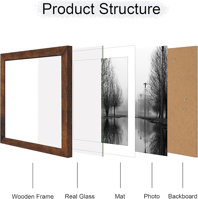 iRahmen 12x12 Picture Frame Set of 4 with Tempered Glass, Rustic Frame Display 10x10 Pictures with Mat or 12 x 12 Without Mat, Wood Square Photo Frames for Desktop Display and Wall Mounting