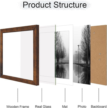 iRahmen 12x12 Picture Frame Set of 4 with Tempered Glass, Rustic Frame Display 10x10 Pictures with Mat or 12 x 12 Without Mat, Wood Square Photo Frames for Desktop Display and Wall Mounting