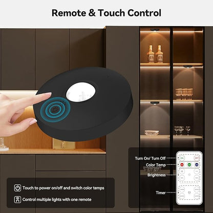 Yiliaw Rechargeable Puck Lights with Remote, 3 Pack Magnetic Under Cabinet Lighting, 1500mAh Battery Operated LED Tap Lights with Dimmer & Timmer for Kitchen, Closet, Shelf - 3 Color Temps, Black