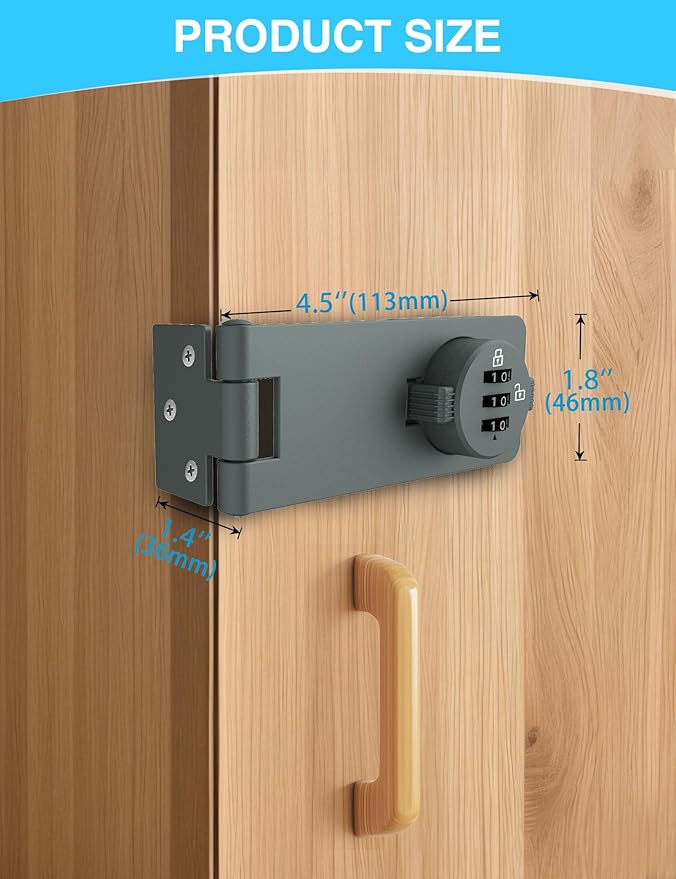 Keyless Cabinet Combination Lock, 3-Digit Password Twist Knob Hasp Latch for Doors, Cabinets, Drawers, Barn Door, Bathroom, Outdoor, Closet, Fence, Durable Zinc Alloy, (Gray, 1 Pack)