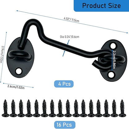 4 Pack 4" Hook and Eye Gate Latch, Stainless Steel Rust-Resistant Barn Door Lock Cabin Hooks for Gate Shutters Window Slide Barn Shed Cabinet Bathroom, with 16pcs Screw,Black