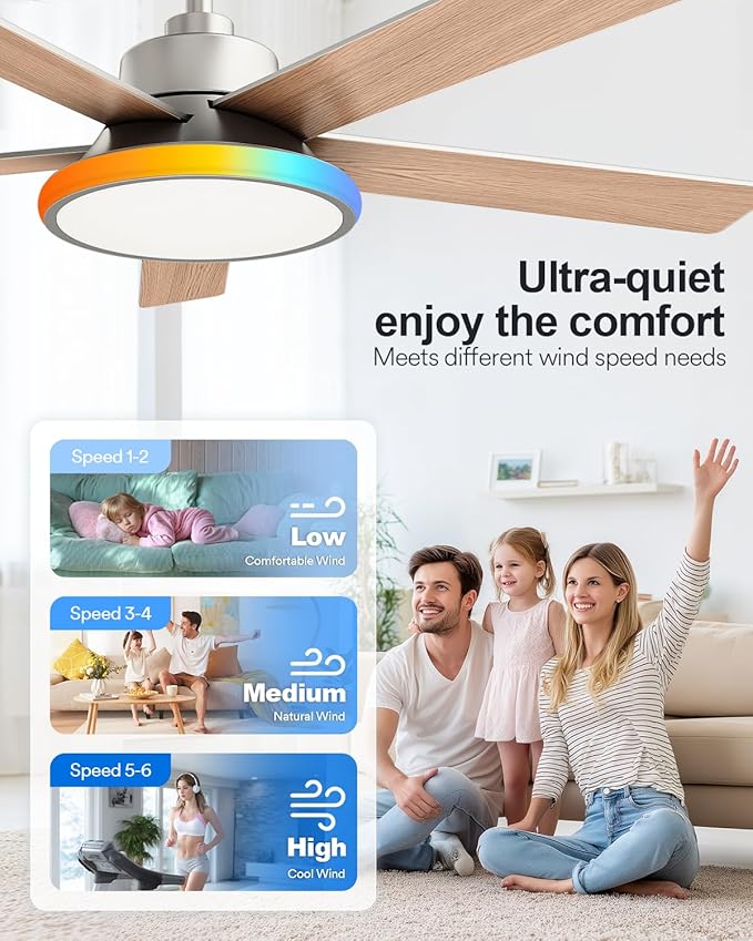 Lumary Smart Ceiling Fan with RGBAI Lights 52'', RGB & Stepless Color Temperature, Work with Alexa/Google/Remote, 46 Scenes, Modern Flush Mount Low Profile Ceiling Fan for Bedroom Kids Room, Silver