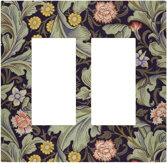 Boho William Morris Floral Green Leaves Flower Decorative Outlet Covers 2 Gang Double GFCI Rocker Electrical Wall Panels Light Switch Cover Plate for Farmhouse Home Decor