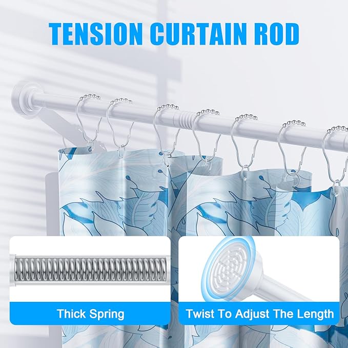 TEECK Shower Curtain Rod, 32-92 inch Adjustable Spring Tension Curtain Rod, Never Rust Anti-Slip Shower Curtain Rod for Bathroom, No Drilling, Never Collapse, Easy to Use, White