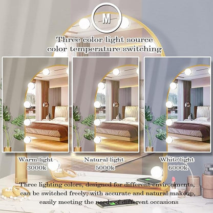 THEKLA Gold Arch Hollywood Vanity Mirror with Lights for Makeup Desk Table Wall Detachable Base Stand X10 Magnifying Dimmable 3 Color Lights 18 Bulbs