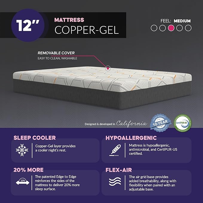 Blissful Nights e4 Cal King Split Adjustable Bed Base Frame with 12" Medium Firm Copper and Gel Infused Memory Foam Mattress