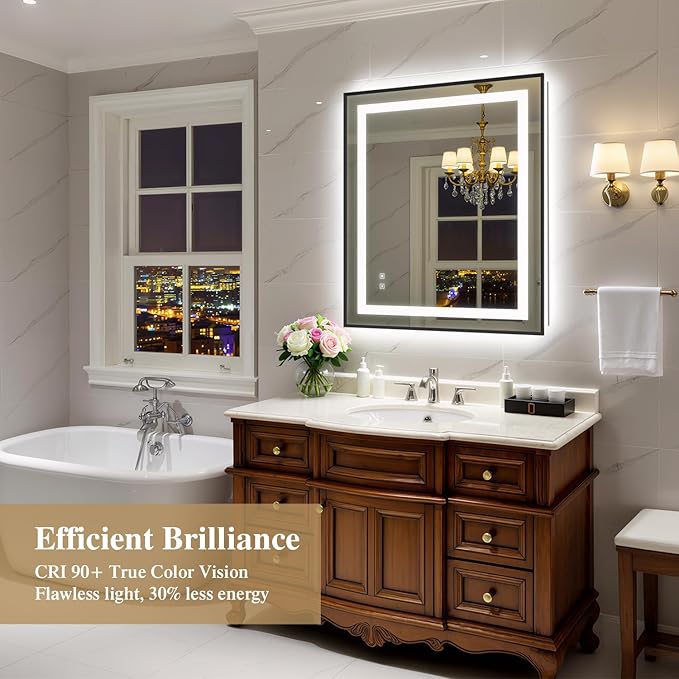 30X36 Inch LED Bathroom Mirror with Lights, Black Frame Frontlit+ Backlit Bathroom Vanity Mirror for Wall, Ultra-Clear Tempered Glass, Shatter-Proof, Anti-Fog and Memory Function, ETL Listed