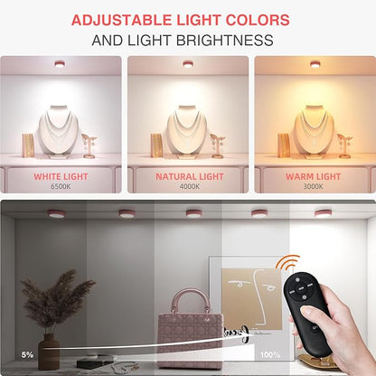 Rechargeable Puck Lights with Remote Control,LED Under Cabinet Light with Full-Screen,3 Color Temperatures Stick On Light Wireless, Tap Lights for Kitchen,Cabinet,Counter,Closet,Shelf,2 Pack, Pink