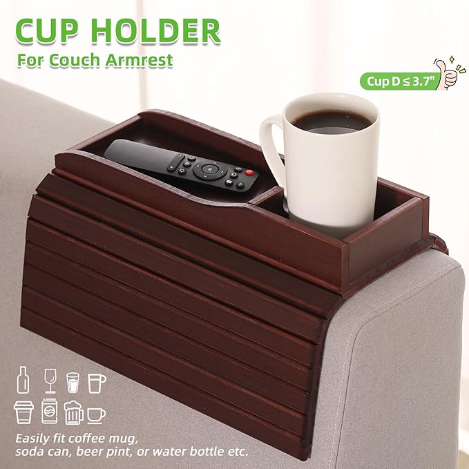 GEHE Couch Cup Holder, Anti Falling Sofa Arm Tray, Natural Bamboo Sofa Cup Holder More Safe for You Family, Portable Couch Arm Tray Armrest Table for Remote, Snacks, Phone, Drinks