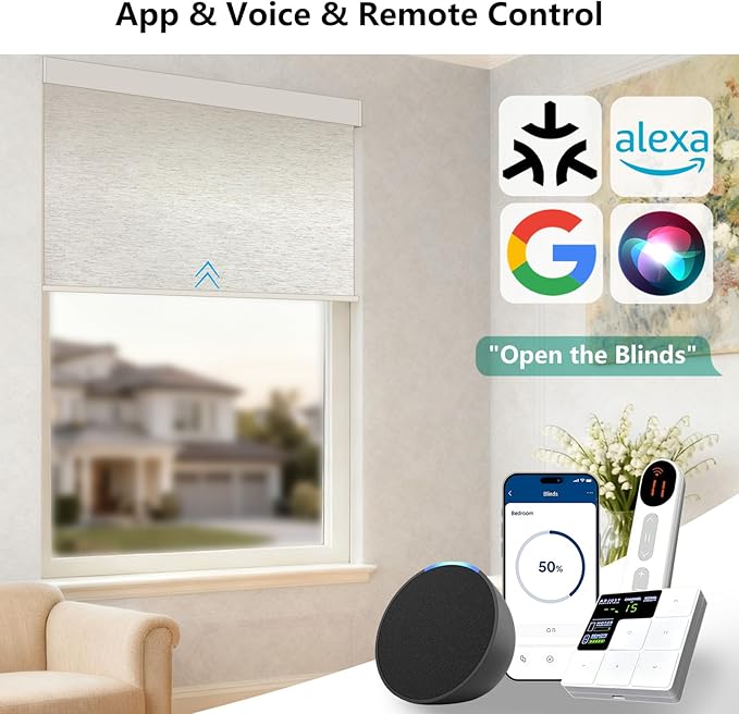Smart Motorized Blinds – 100% Blackout Roller Shades with Remote, Alexa/Google Home/Siri Control, Matter Compatible, Wireless Rechargeable Battery, Custom Sizes for Windows & Sliding Doors