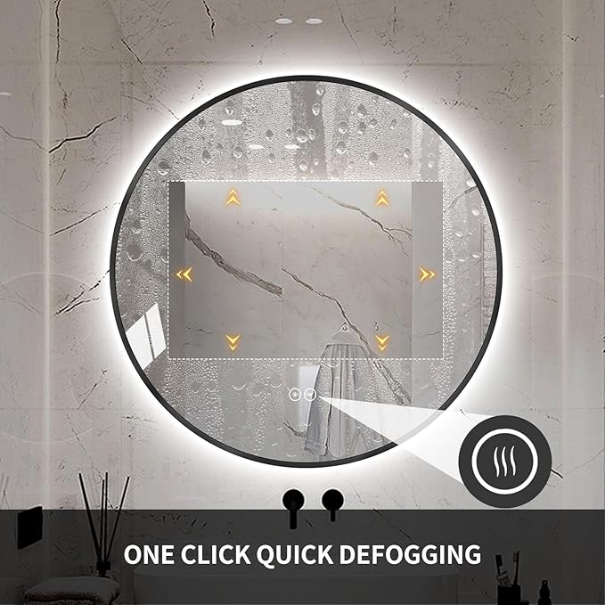 Round LED Bathroom Mirror with Gold Frame, 24V Backlight, 3 Color Temperatures, Dimmable, Memory Function, Defogging (Black Border, 32" L x 32" W)