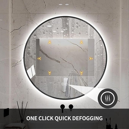Round LED Bathroom Mirror with Gold Frame, 24V Backlight, 3 Color Temperatures, Dimmable, Memory Function, Defogging (Black Border, 32" L x 32" W)