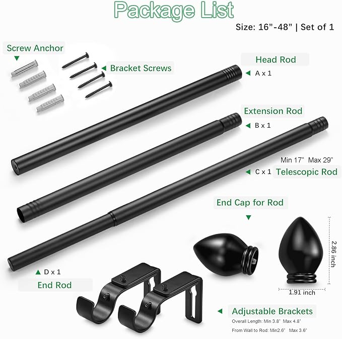 Curtain Rods for Windows 16 to 48 inches, Curtain Rod Max Adjustable Length to 60 in, Drapery Rod 1 inch Diameter with Modern Knobs Finials (Black, 16" to 48" - Set of 1)