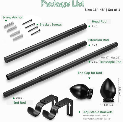 Curtain Rods for Windows 16 to 48 inches, Curtain Rod Max Adjustable Length to 60 in, Drapery Rod 1 inch Diameter with Modern Knobs Finials (Black, 16" to 48" - Set of 1)