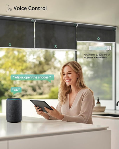 Yoolax Motorized Solar Shades, Flame Resistat Smart Blinds for Windows Motorized Roller Shades, Motorized Blinds Compatible with Alexa Custom Size (Solar-5% Openness Black)