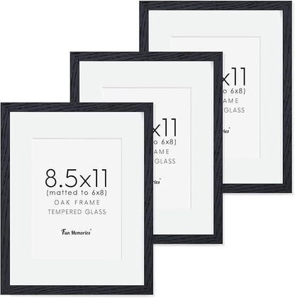 Fun Memories Solid Oak Wood Frame 8.5x11 With Real Glass - Display Poster 6x8 With Mat or 8.5x11 Without Mat - Wall Display Photo Frames, Black Color, 3 Pack