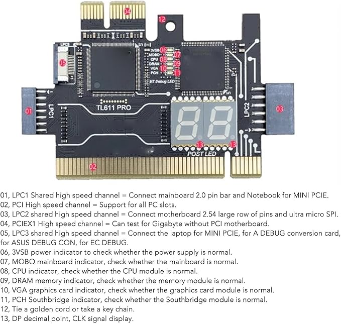 TL611 Pro Mainboard Debug Card, Diagnostic & Analyzer PC Kit, 4 Digit Post Card with LED Indicators for Laptop, PCI E, PC Computer Motherboard Testing