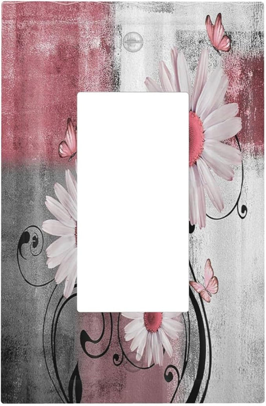Decorative Outlet Covers Pink Floral Rustic Daisy Flower And Butterfly 1 Gang Single Rocker Light Switch Cover Plate Wall Plates GFCI Faceplate for Farmhouse Cabin Decor