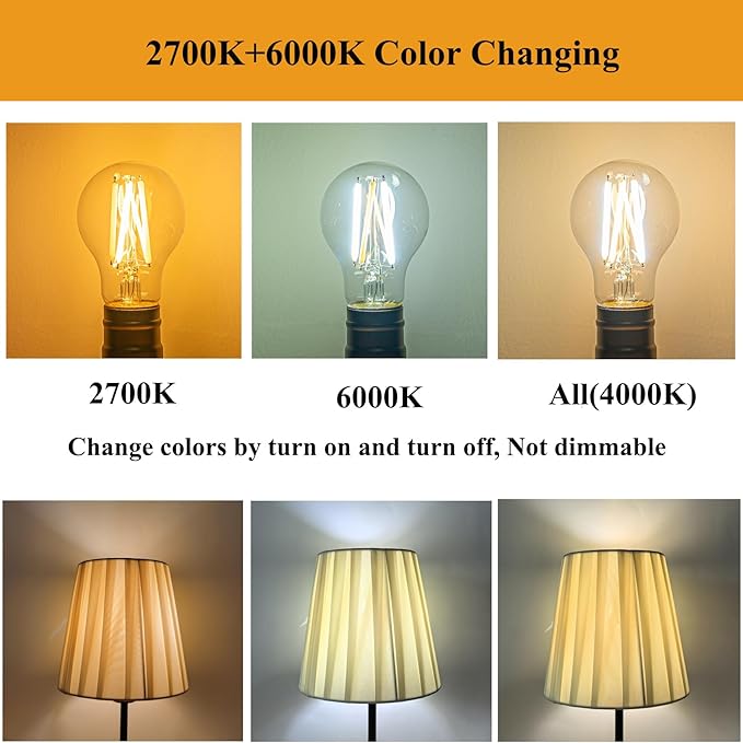 3 Color Temperature LED Bulb E26 Medium Base 60W Equivalent, 2700K Warm White and 6000K Daylight Color Changing Light Bulb 3CCT A19 LED 6W Clear Glass, Not Dimmable, 2 Pack