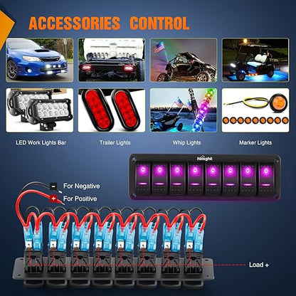 Nilight 8 Gang Rocker Switch Panel with Purple LED Light 5 Pin On Off Pre-Wired Aluminum Toggle Switches Waterproof for 12V/24V Cars Marine Boats ATVs Trailers RV Trucks