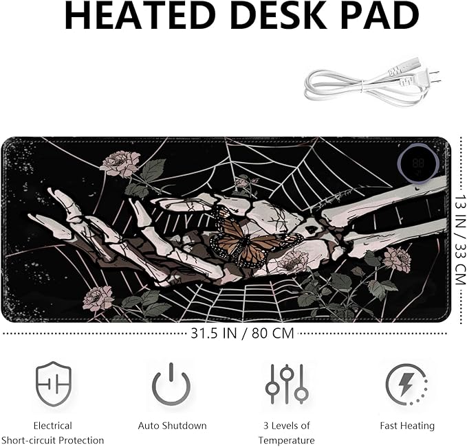 Heated Mouse Pad with 3 Levels Heated & 3 Hours Auto Shut-Off Mouse Pad for Warming Hands in Office Home, 31.5" x 13"Large Safe Desk Mat Hand Warmer，Skeleton Hand Spider Web