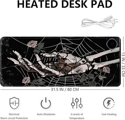 Heated Mouse Pad with 3 Levels Heated & 3 Hours Auto Shut-Off Mouse Pad for Warming Hands in Office Home, 31.5" x 13"Large Safe Desk Mat Hand Warmer，Skeleton Hand Spider Web